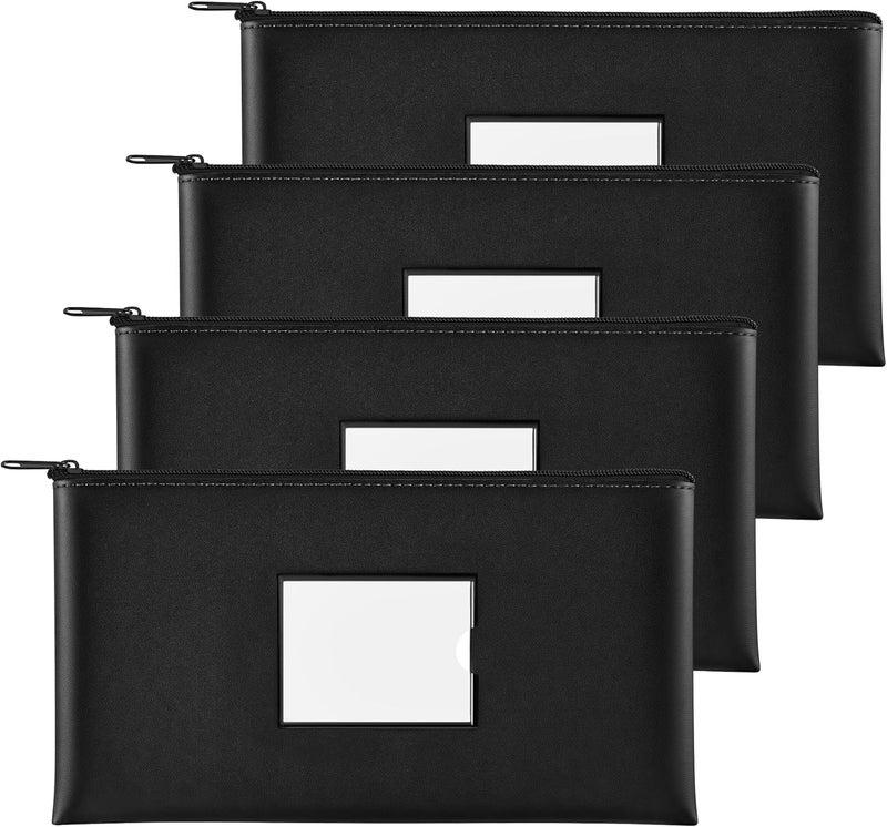 SMARTAKE Money Bags with Zipper, 4-Pack Bank Bags with Label, Waterproof Leather Money Pouches, for Cash Coin Bill Invoice Deposit Receipt Storage and Organize, 11.5 x 6.2 Inches (Black) - Image 1